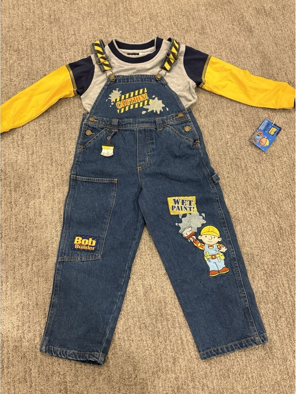 Vintage Bob the Builder Overalls Bib Denim Romper Outfit 4T/4 Y2K Embroidered
